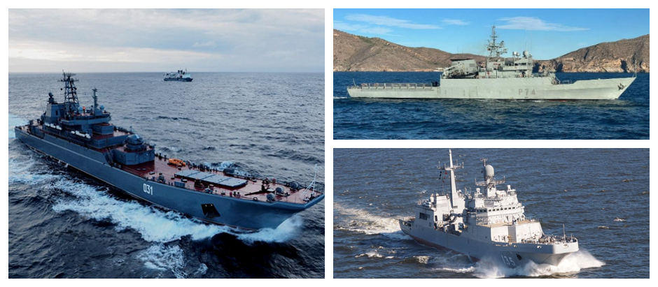 A la izquierda, el buque anfibio ruso Aleksander Otrakovsky; a la derecha, el patrullero español Atalaya; y abajo, el Iván Green