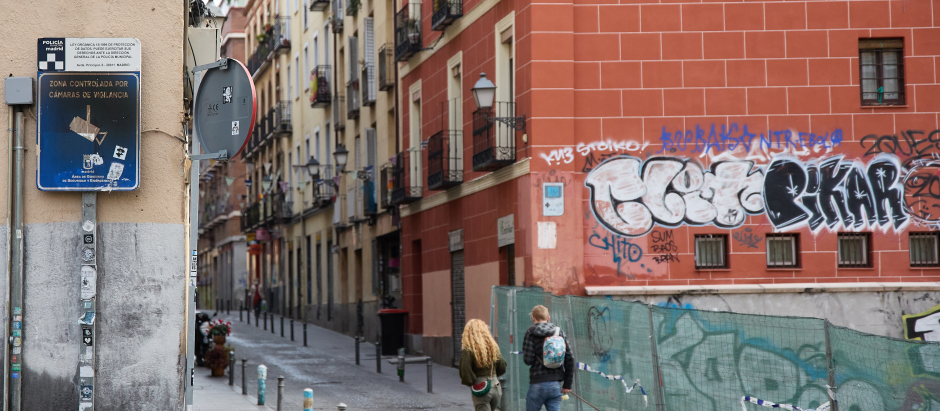 Una pareja pasea a un perro por el madrileño barrio de Lavapiés