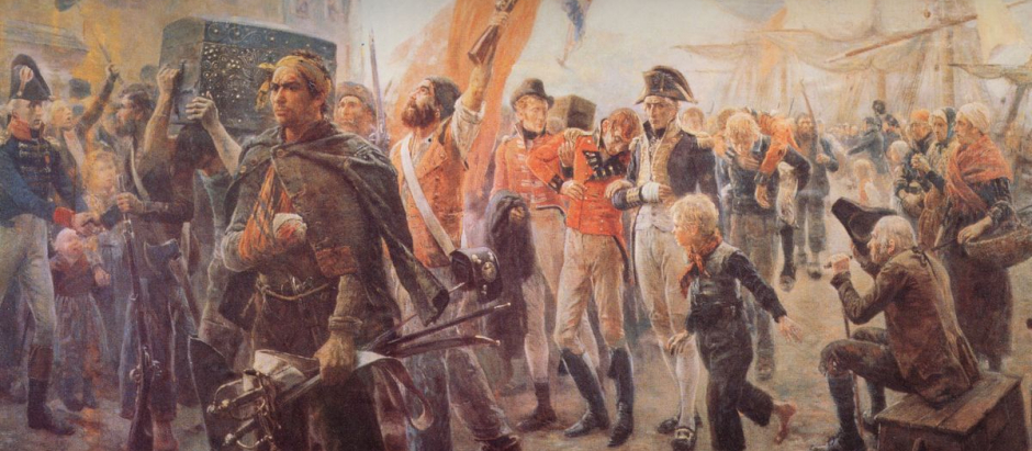 Corsarios franceses con botín y prisioneros británicos en 1806, representados en una pintura posterior de Maurice Orange