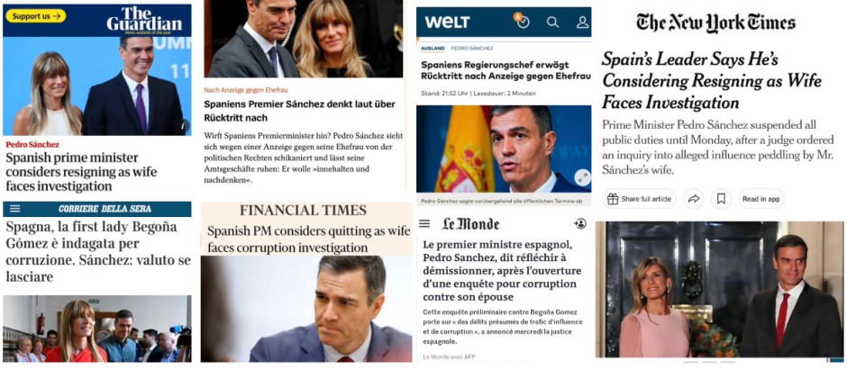 Portada de medios internacionales sobre el anuncio de Pedro Sánchez de considerar su dimisión