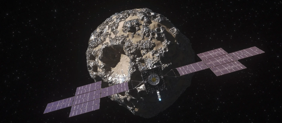 Nave espacial Psyche de la NASA acercándose al asteroide Psyche