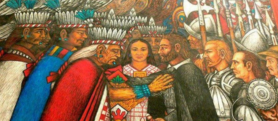 Negociaciones entre españoles y tlaxcaltecas, mural de Desiderio Hernández.
