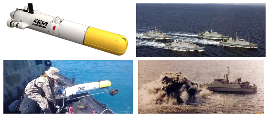 Dos imágenes muestran el robot Sparus que utiliza la Armada en Minex 24; y las otras dos, cazaminas españoles en acción
