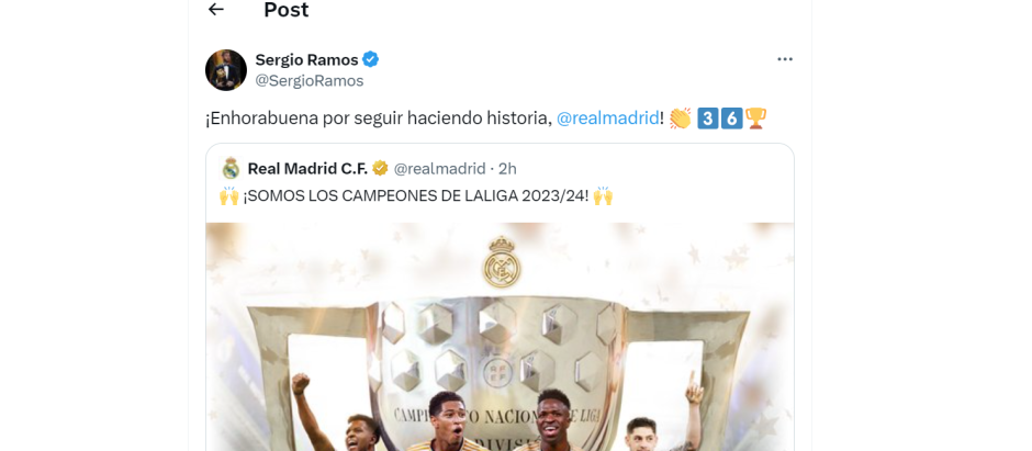 Sergio Ramos aprovechó para felicitar al Real Madrid por su 36º título de Liga