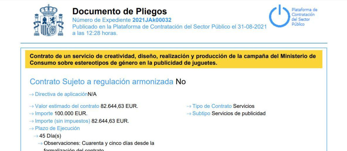 Extracto del pliego del Ministerio de Consumo