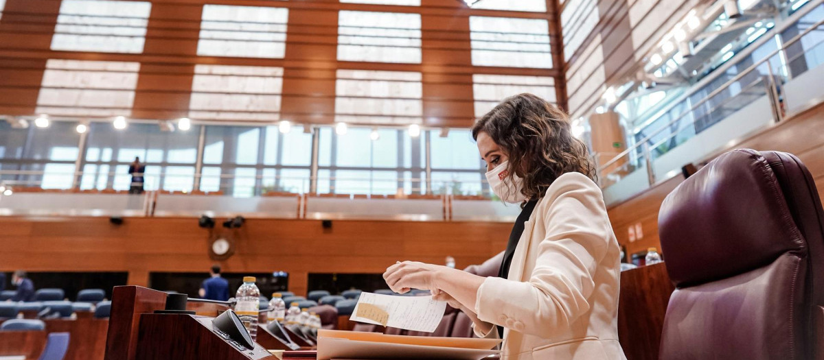 La presidenta madrileña Isabel Díaz Ayuso en la Asamblea de Madrid, hoy