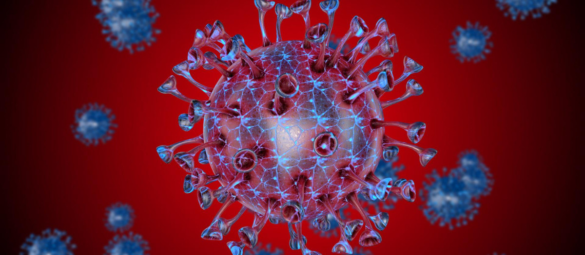 Célula del virus en aumento. Ilustración 3D