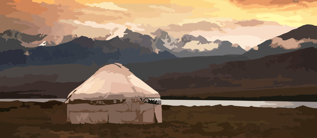 Ilustración de una Yurta, una vivienda tradicional de Mongolia, en la estepa Mongola
