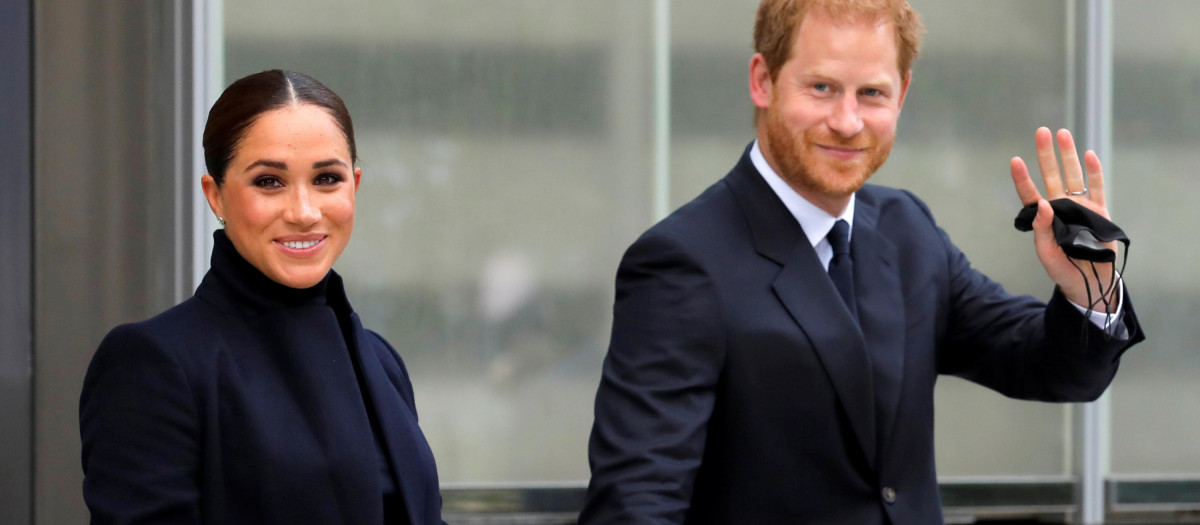 Britain's Prince Harry and Meghan, Duke and Duchess of Sussex visiting the 9/11 Memorial in Manhattan, New York City, U.S., September 23, 2021.