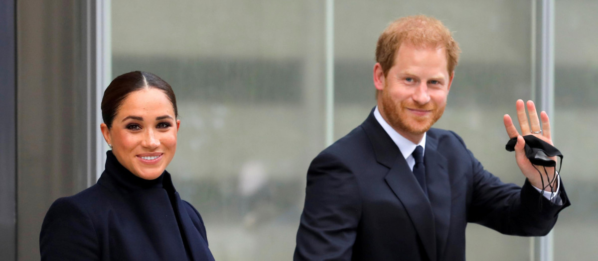 Britain's Prince Harry and Meghan, Duke and Duchess of Sussex visiting the 9/11 Memorial in Manhattan, New York City, U.S., September 23, 2021.