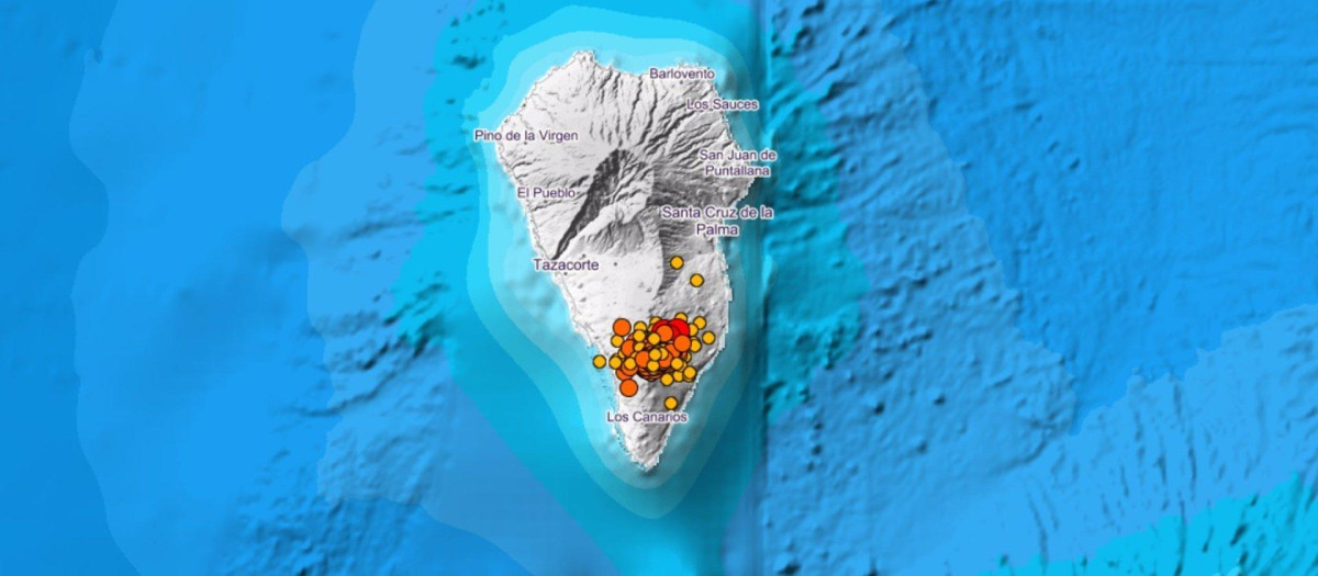 Localización de los terremotos en la isla de La Palma en los últimos 3 días