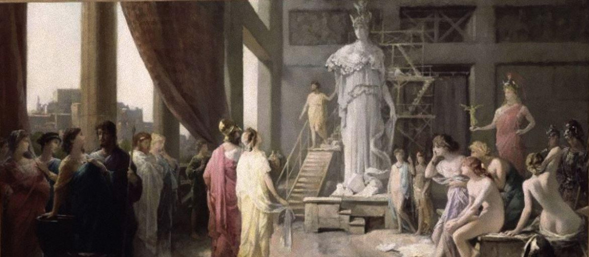 Pintura de Hector Leroux (1682–1740) que retrata a Pericles y Aspasia admirando la gigantesca estatua de Atenea, en el estudio de Fidias.