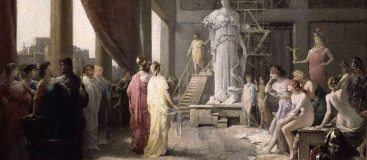 Pintura de Hector Leroux (1682–1740) que retrata a Pericles y Aspasia admirando la gigantesca estatua de Atenea, en el estudio de Fidias.