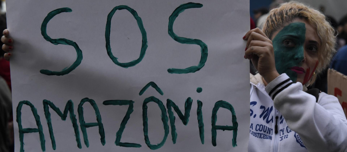 Una mujer muestra un cartel en el que pide ayuda para salvar la Amazonia brasileña