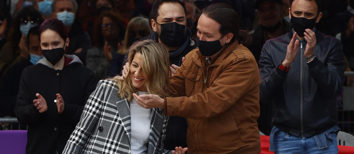 Yolanda Díaz y Pablo Iglesias en un evento en Madrid