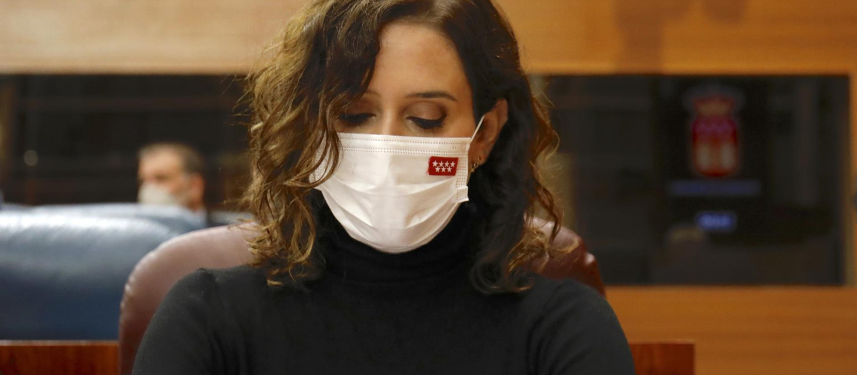 Isabel Díaz Ayuso, durante la sesión de control de este jueves en la Asamblea de Madrid.