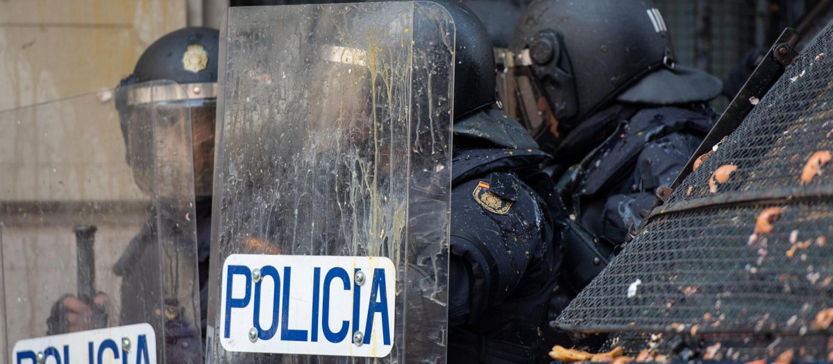 Agentes de la Policía Nacional en los disturbios en Barcelona en protesta por la sentencia del 1-O