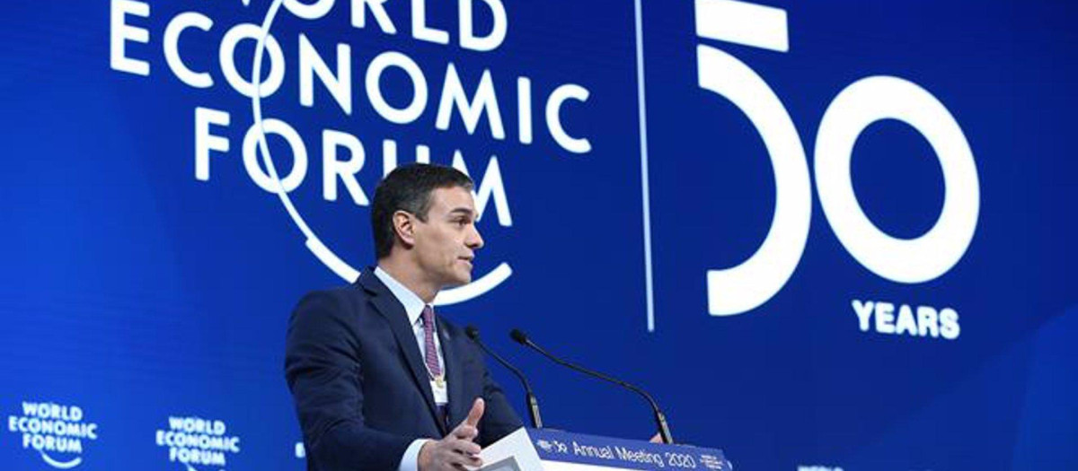 Pedro Sánchez durante su intervención en el Foro Económico Mundial, en Davos en enero de 2020