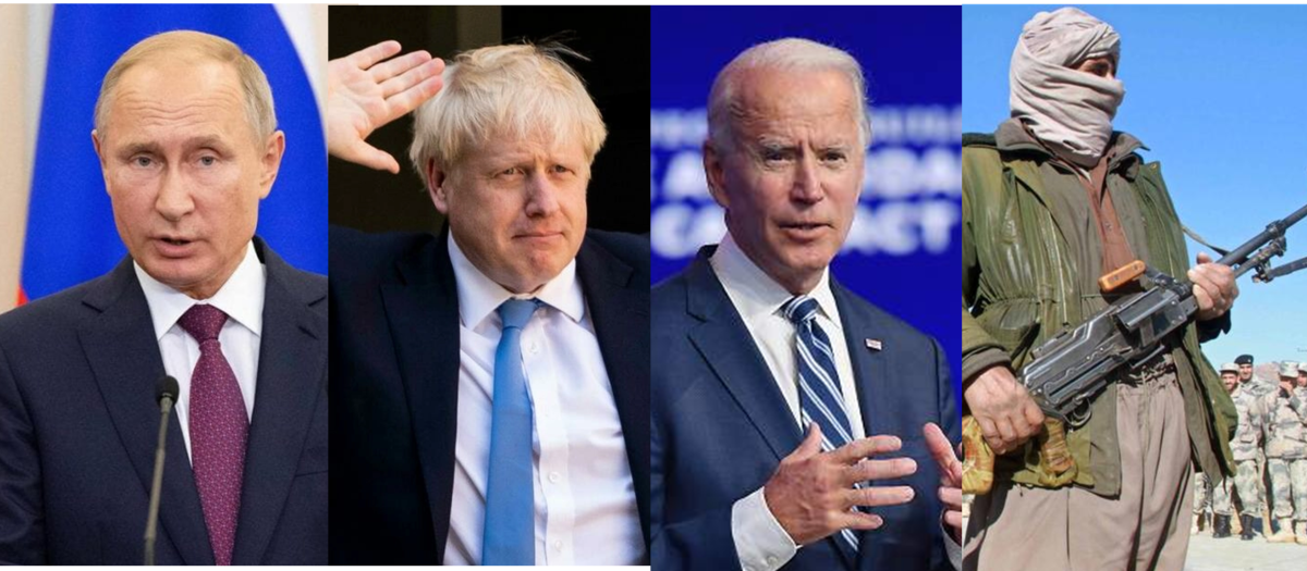 El presidente ruso Vladimir Putin; el primer ministro de Reino Unido Boris Johnson; el presidente de Estados Unidos Joe Biden; un militar del Talibán afgano