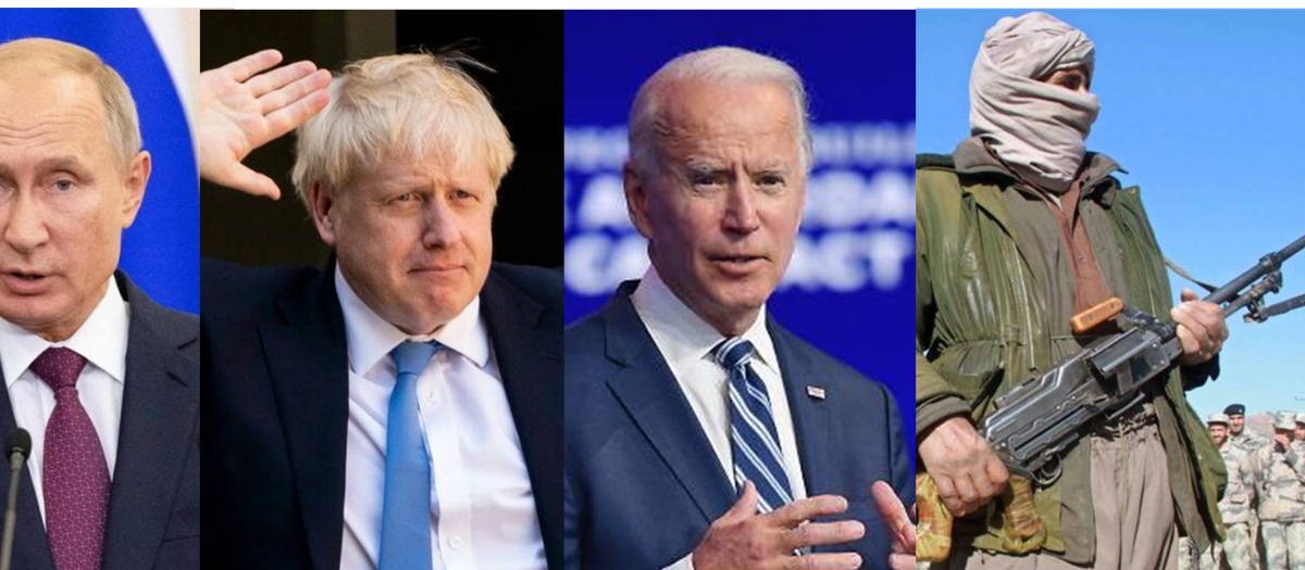 El presidente ruso Vladimir Putin; el primer ministro de Reino Unido Boris Johnson; el presidente de Estados Unidos Joe Biden; un militar del Talibán afgano