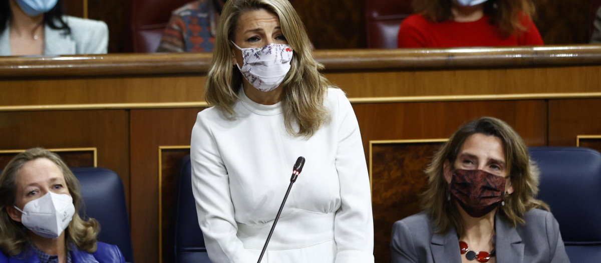 Yolanda Diaz during the plenary session of the Congress of Deputies in Madrid 20 October 2021