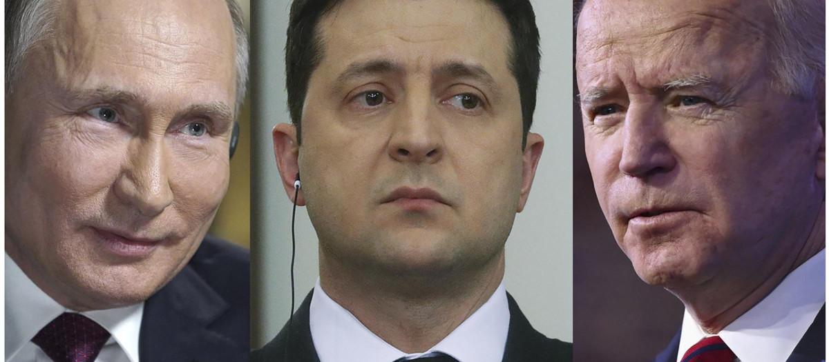 El presidente ruso, Vladimir Putin; el ucraniano, Volodímir Zelenski; y el estadounidense, Joe Biden