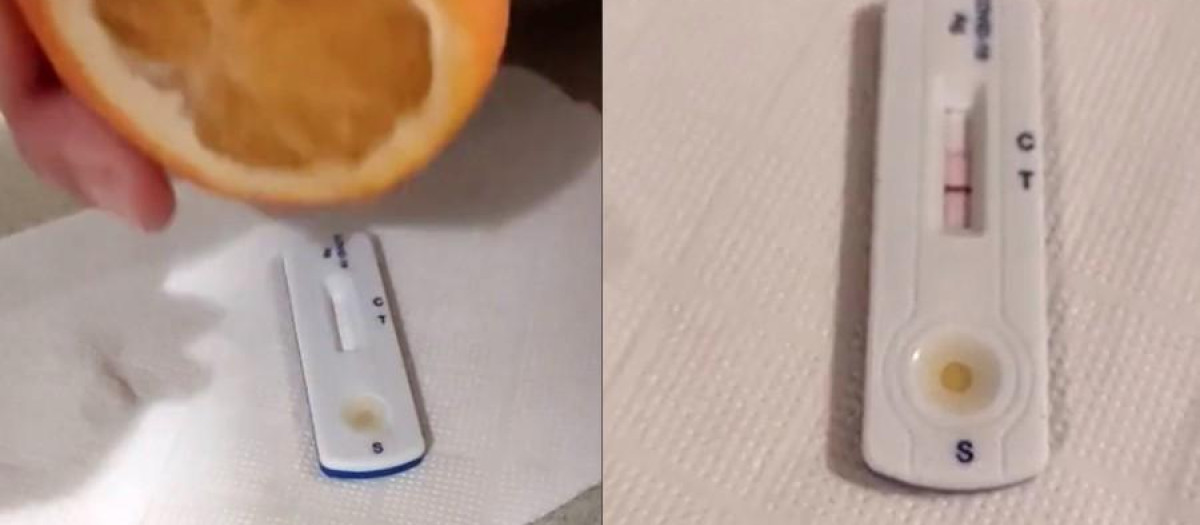 Captura del vídeo en el que prueban erróneamente un test de antígenos con una naranja