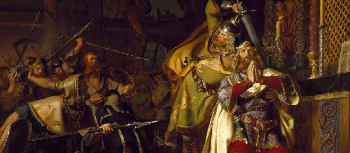 San Canuto, a la derecha, antes de morir atravesado, según una pintura de Christian Albrecht von Benzon