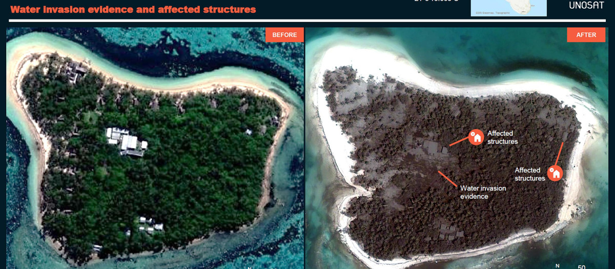 Imágenes tomadas por satélite de Tonga, antes y después de la erupción del volcán