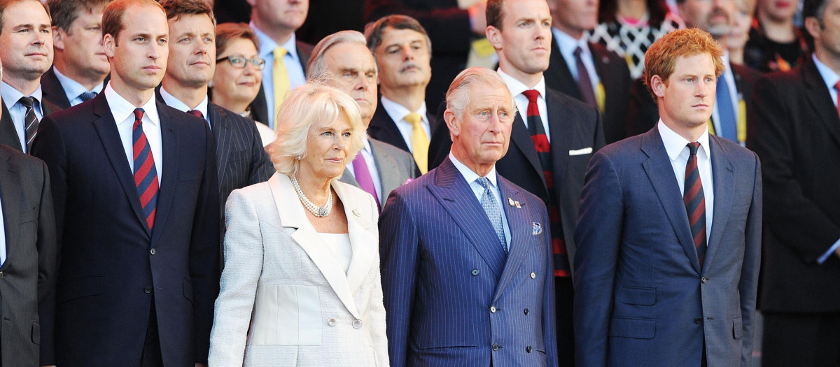 The Duke of Cambridge, the Duchess of Cornwall, the Prince of Wales and Prince Harry at the opening ceremony of the Invictus Games at the Queen Elizabeth Olympic Park, London.