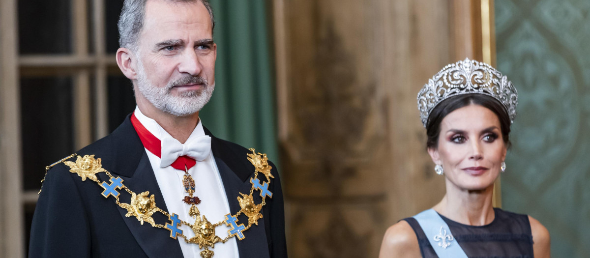 Queen Letizia and  King Felipe of Spain attend a State Banquet in Stockholm, Sweden, 24 November 2021. The Spanish Royals are on a two-day state visit to Sweden.
En la foto toison de oro