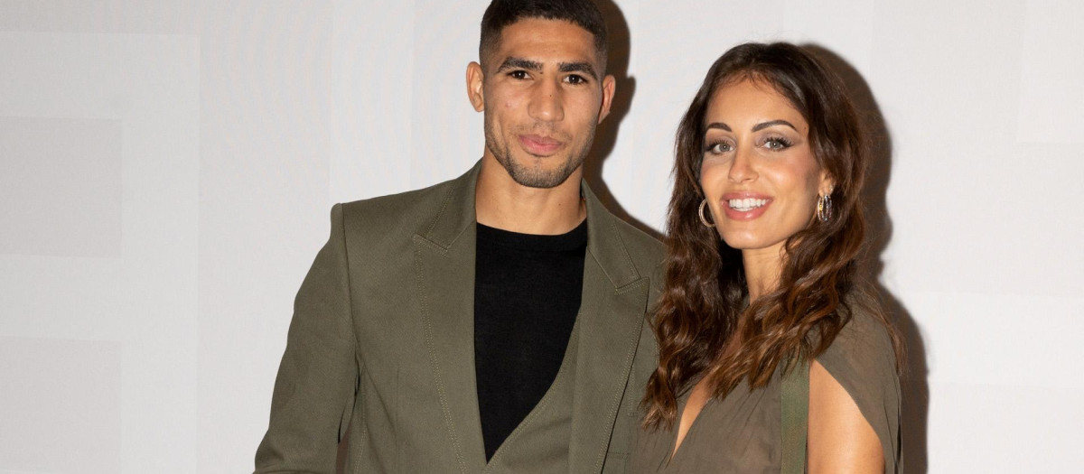 Achraf Hakimi and Hiba Abouk at Balmainshow during Paris Fashion Week in Paris, Wednesday, Sept. 29, 2021.