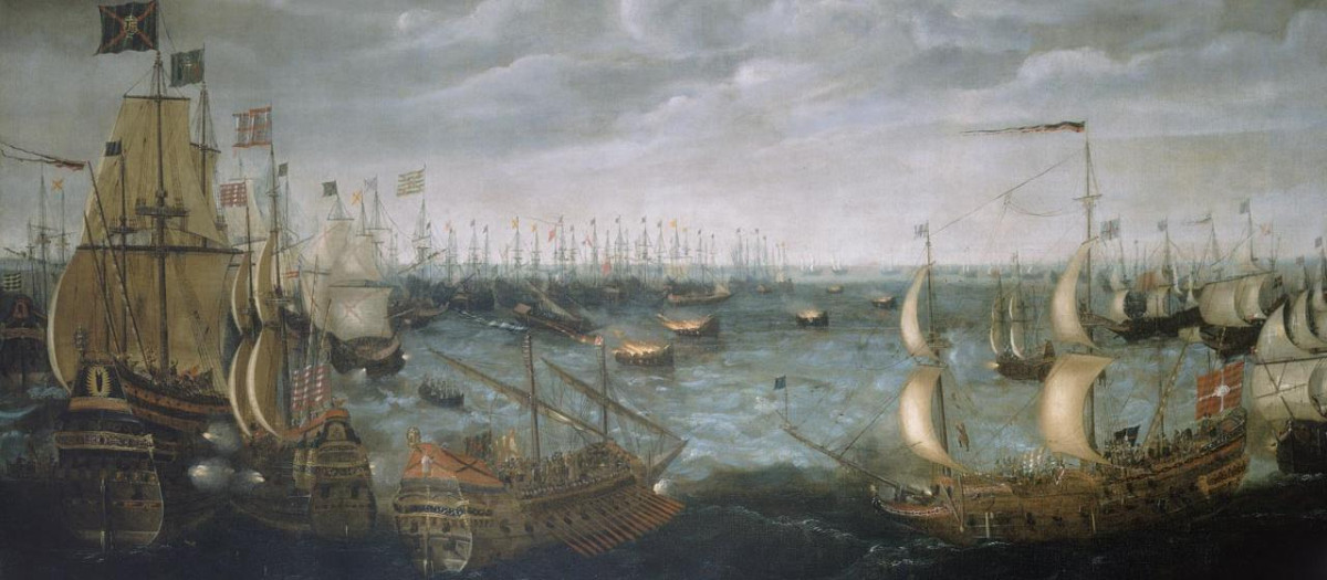Barcos de fuego ingleses lanzados contra la armada española frente a Calais