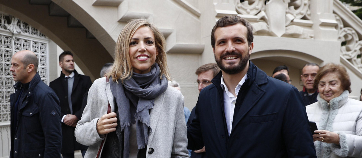Politician Pablo Casado and Isabel Torres Orts during Spain General Elections in Madrid on Sunday , 10 November 2019.