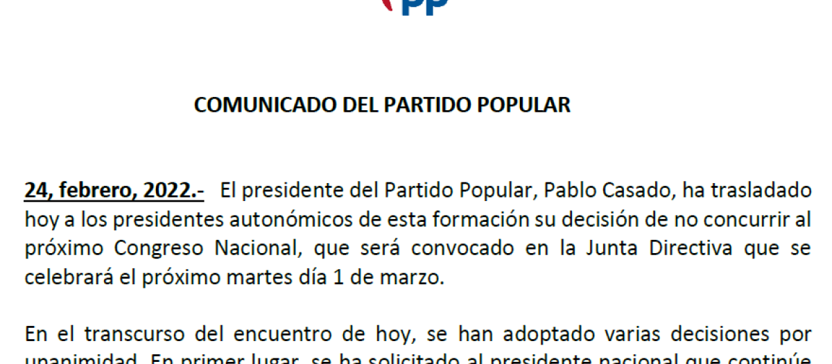 Comunicado del Partido Popular (PP) que pone fin al mandato de Pablo Casdo