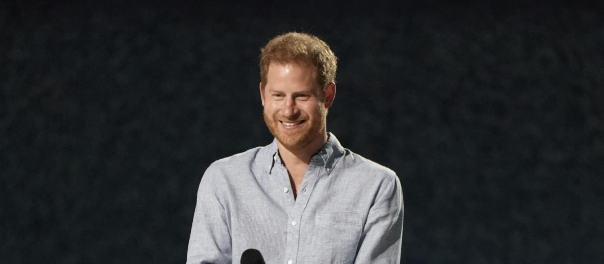 Prince Harry, Duke of Sussex, speaks at "Vax Live: The Concertto Reunite the World" on Sunday, May 2, 2021, at SoFi Stadium in Inglewood, Calif.  *** Local Caption *** .