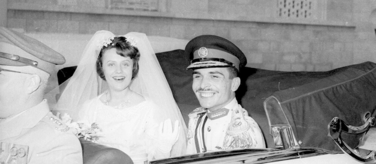 FILE--Jordan's King Hussein and his English bride, Muna el Hussein, formerly Toni Averil Gardiner drive from the Zahran Palace in Amman, Jordan, after their private Muslim marriage, May 25, 1961. Hussein, who became a key force for stability in the turbulent Middle East in more than four decades as ruler of his strategically placed nation, died Sunday Feb. 7, 1999. The king was 63. The announcement was made by Information Minister Nasser Judeh. The cause of death was heart failure, said senior palace officials who were with the king when he died. Members of the royal family, including Queen Noor, his wife, were with him. (AP Photo/File)