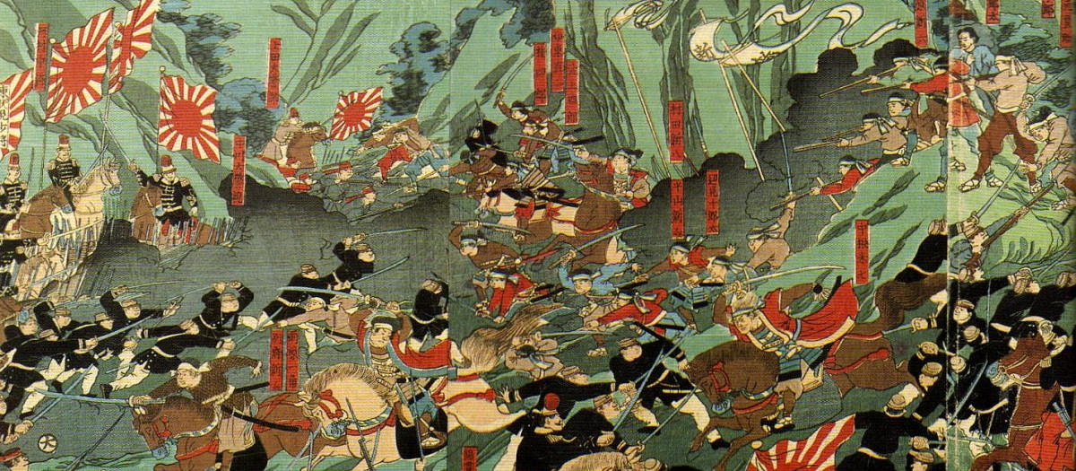 Ilustración japonesa de la Batalla de Shiroyama. Saigō Takamori figura en la imagen con uniforme rojo y negro comandando sus tropas en el extremo superior derecho
