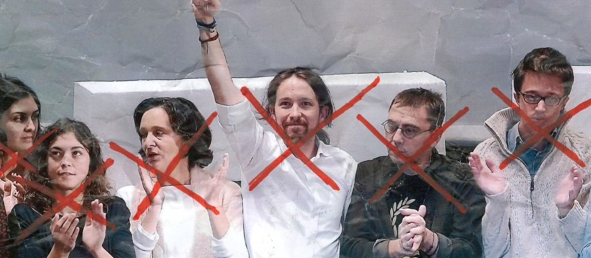 De izquierda a derecha: Rita Maestre, Tania González, Carolina Bescansa, Pablo Iglesias, Juan Carlos Monedero e Íñigo Errejón