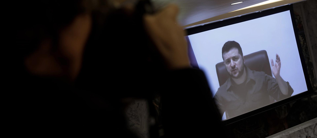 El presidente ucraniano, Volodymyr Zelensky, durante su intervención telemática en el Congreso