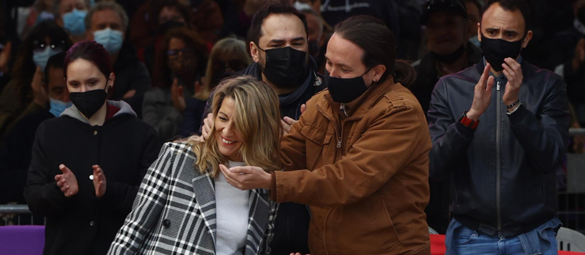 Pablo Iglesias y Yolanda Díaz en un acto de campaña de Unidas Podemos