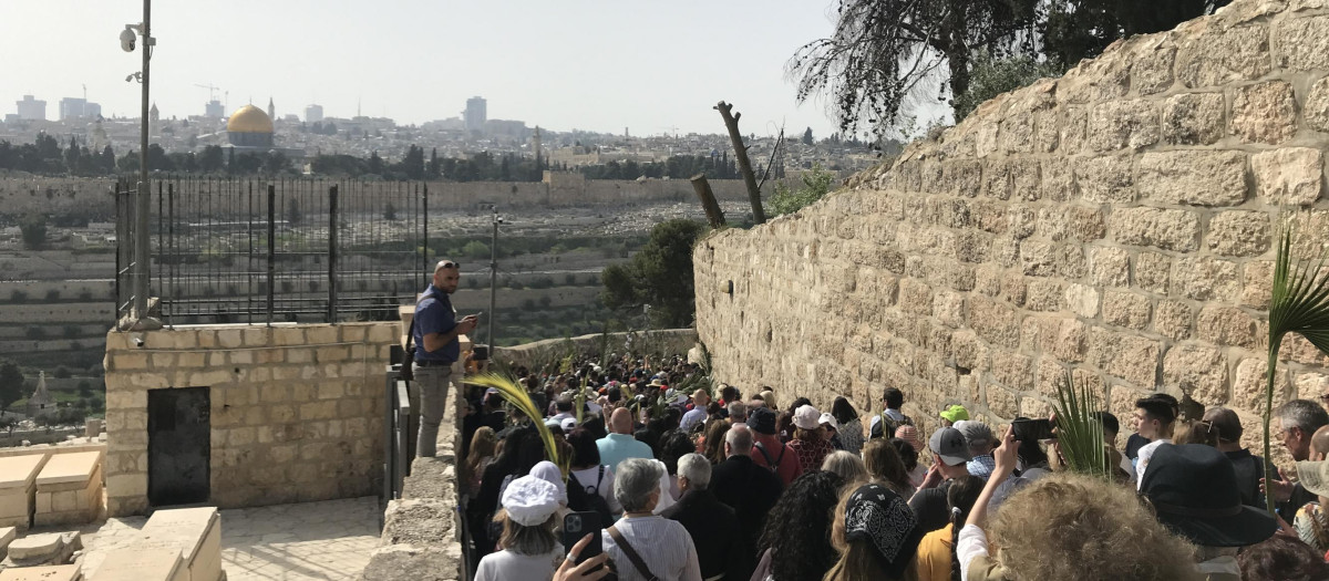 Descenso del monte de los Olivos con Jerusalén de fondo.