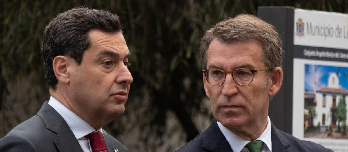 El presidente de Andalucía, Juanma Moreno, y el líder del PP, Alberto Núñez Feijóo, durante la Conferencia de Presidentes en La Palma