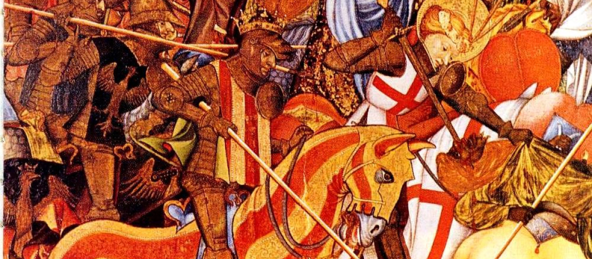 Batalla del Puig. Temple sobre tabla. Victoria and Albert Museum. Londres. Representa la batalla en la que el Rey de Aragón (vestido con el Señal Real de Aragón), Jaime I, conquista El Puig a las tropas musulmanas con la intercesión de San Jorge (vestido con la Cruz de San Jorge), que aparece en segundo plano.