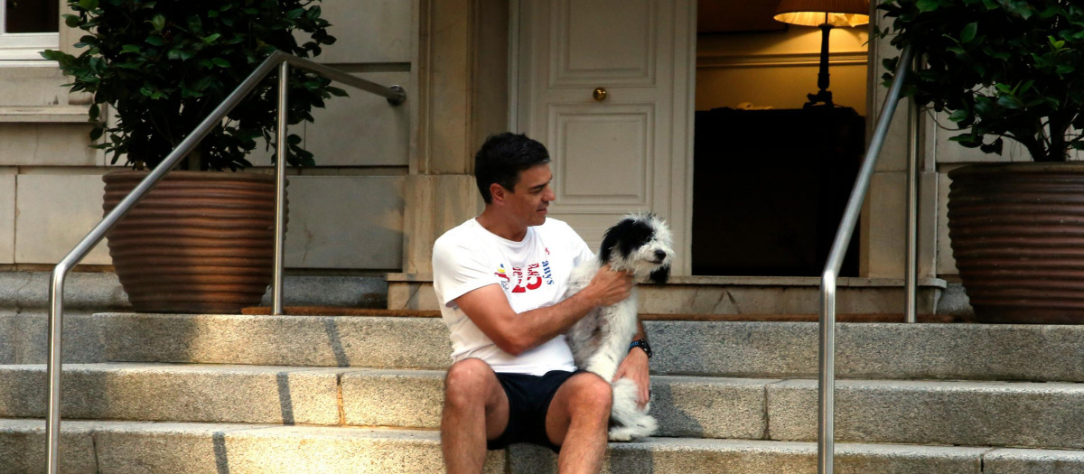 Pedro Sánchez junto a su perra Turca en la escalinata de La Moncloa