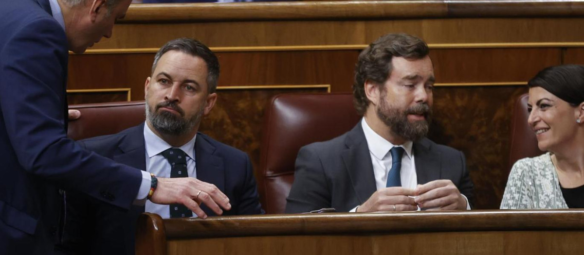El líder de Vox Santiago Abascal (2i), junto a los diputados Iván Espinosa de los Monteros, Macarena Olona y Javier Ortega Smith el pleno celebrado este jueves en el Congreso.