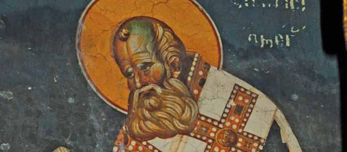 San Atanasio. Fresco de la iglesia de la Theotokos Peribleptos en Ohrid, Macedonia del Norte
