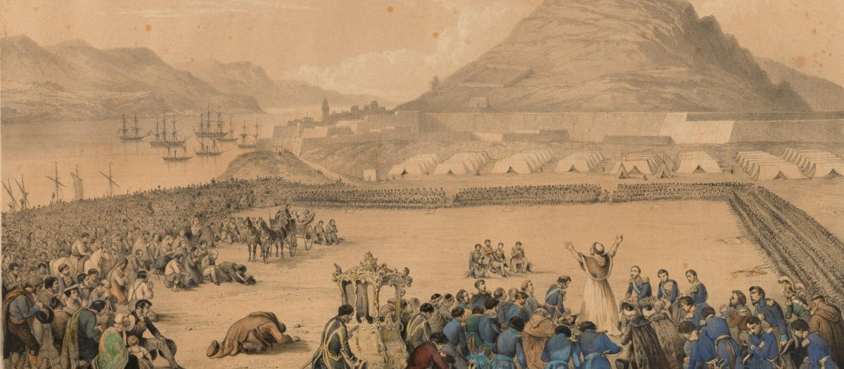 Pío IX bendice a las tropas españolas que acuden en su ayuda en las costas de Gaeta