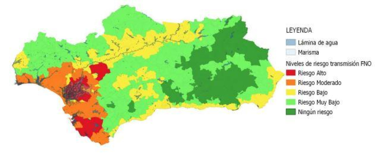 Mapa con áreas de riesgo de transmisión del VNO