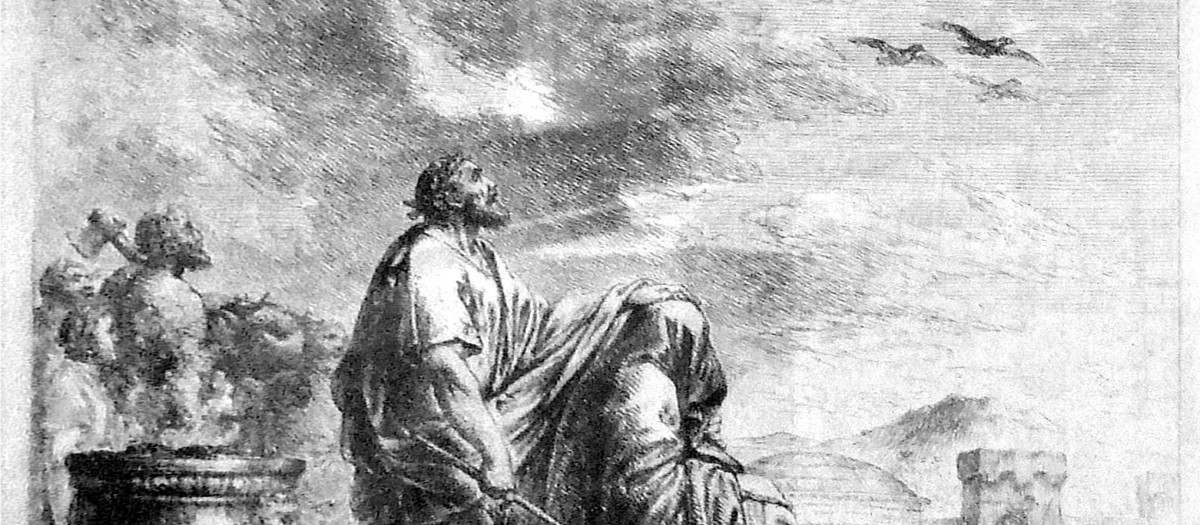 Grabado del siglo XVIII donde se muestra al augur tomando los auspicios en la entronización del rey romano Numa Pompilio